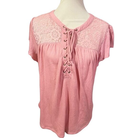 Tops - No Boundaries Women's Lace Top Short Sleeve Blouse Casual Shirt Rose Pink Size X